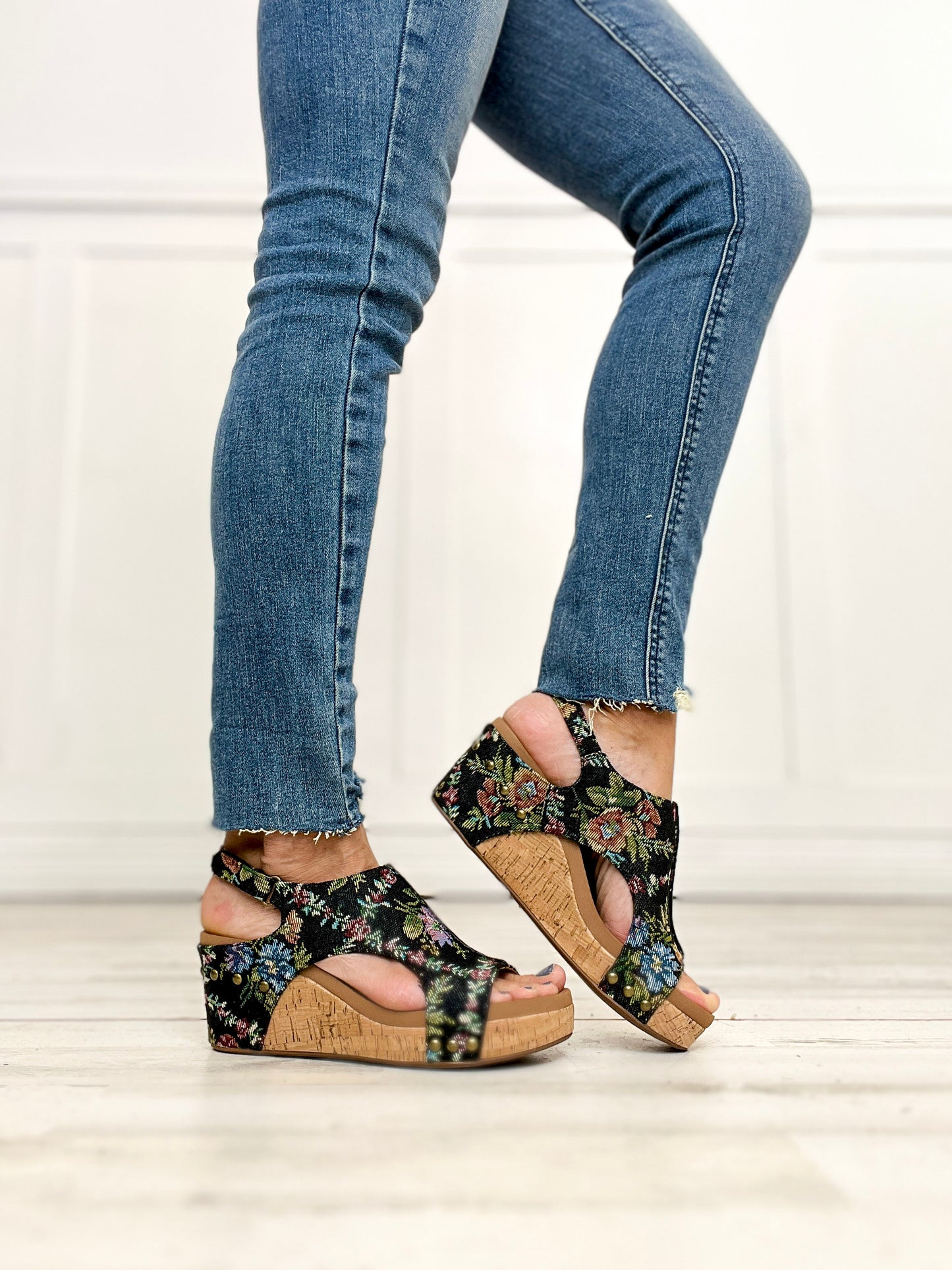 Corkys Carley BLACK BROCADE FLORAL Wedges