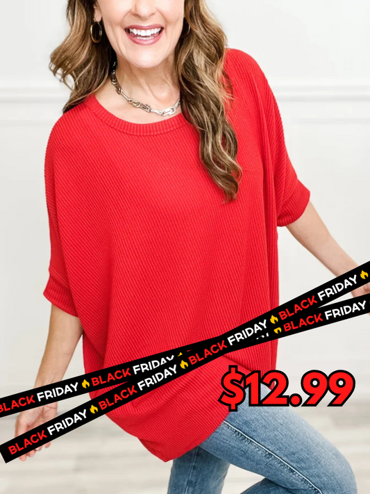 Dolman Sleeve Oversized Ribbed Top with Rounded Hemline - Group B