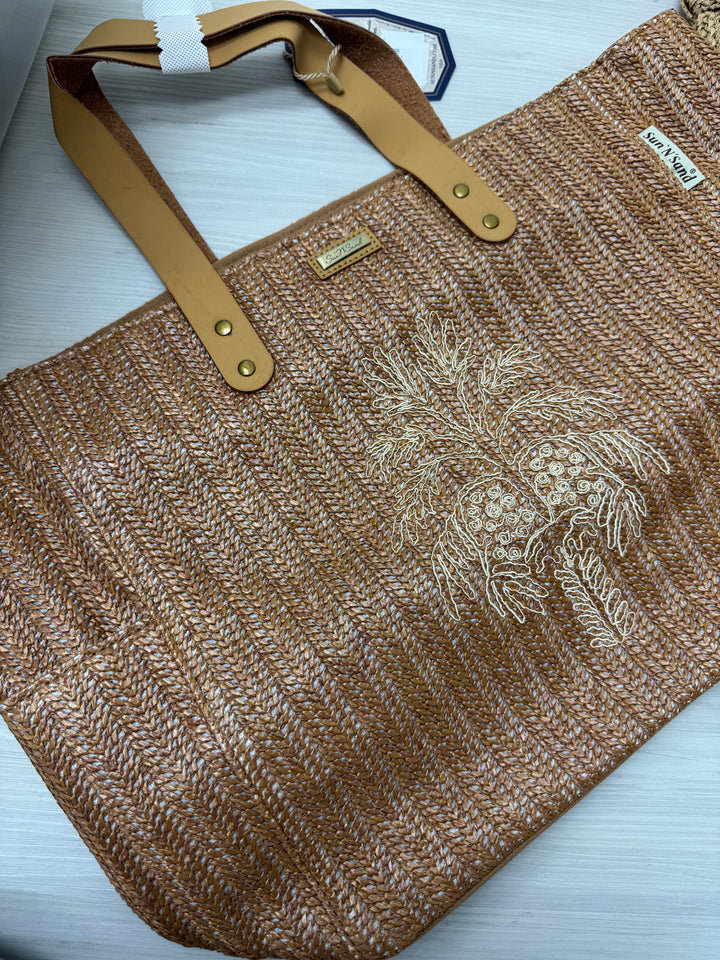 Tan, Poly Straw Shoulder Tote