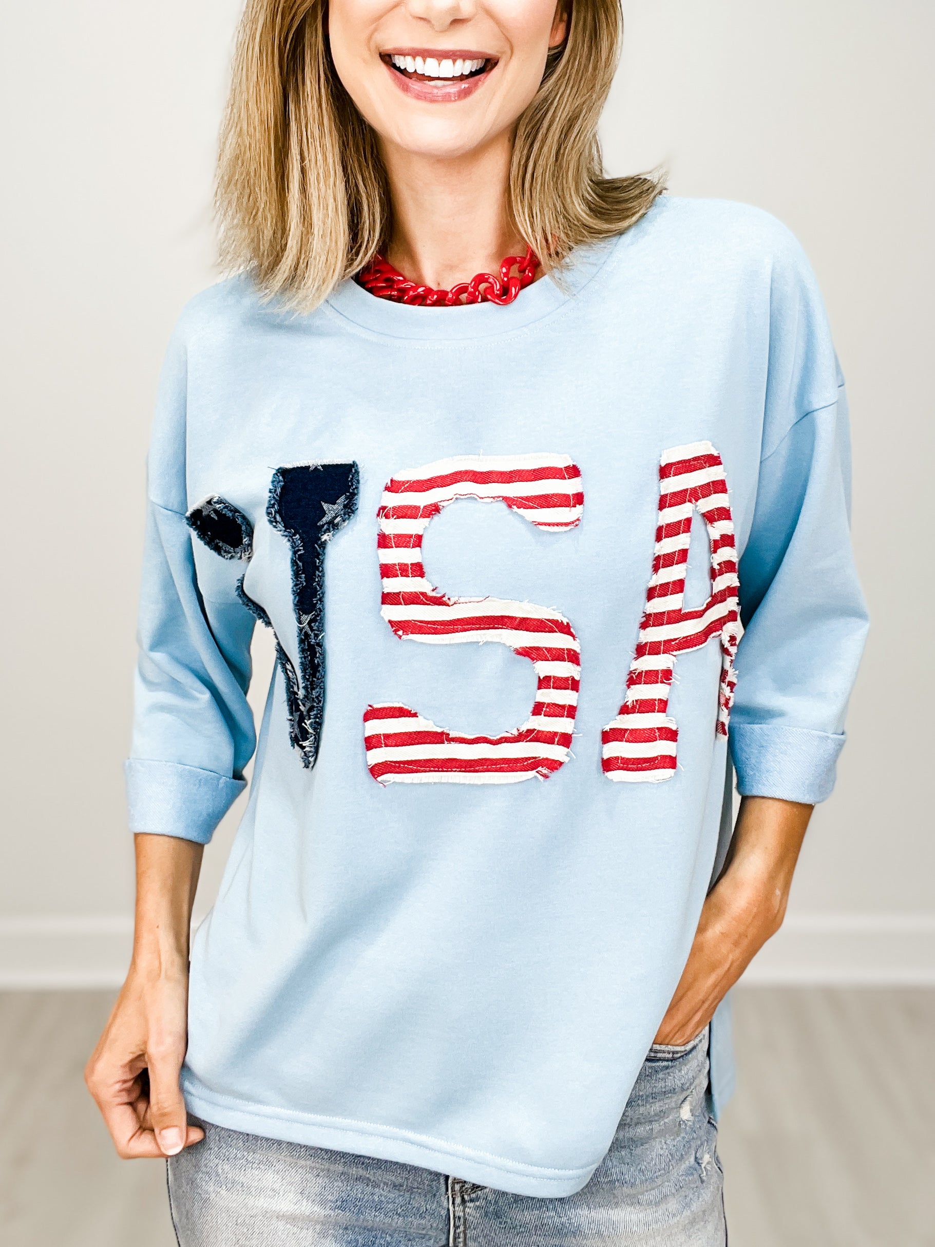 USA Patch 3/4 Sleeve Drop Shoulder Top