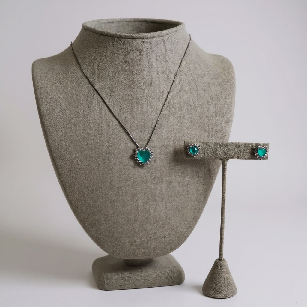 CZ Micro Pave Crystal Necklace and Earrings in Tiffany Blue