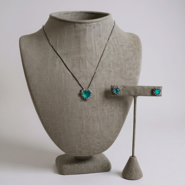 CZ Micro Pave Crystal Necklace and Earrings in Tiffany Blue