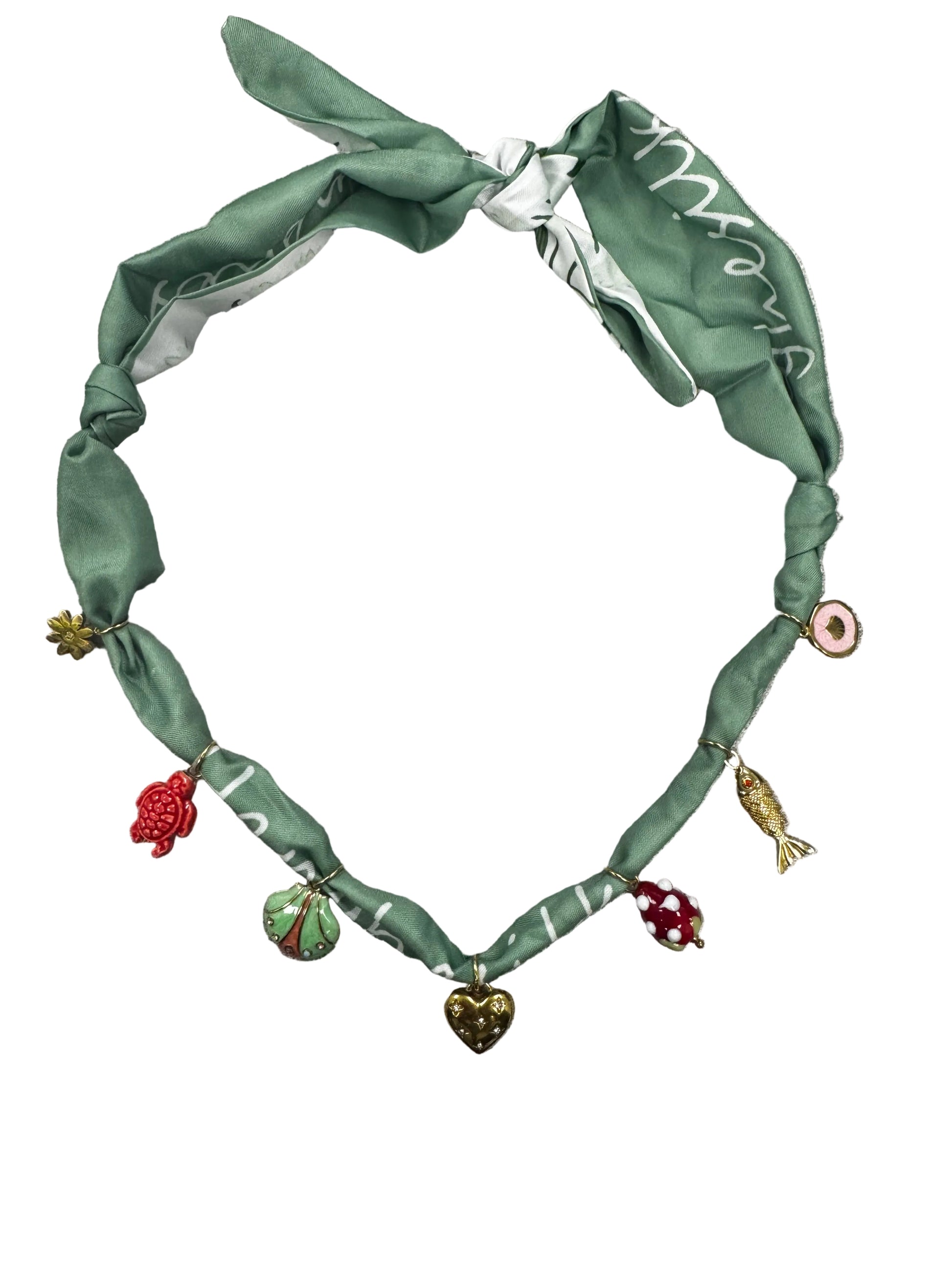 Sage Silk Scarf Necklace with Marine Charms