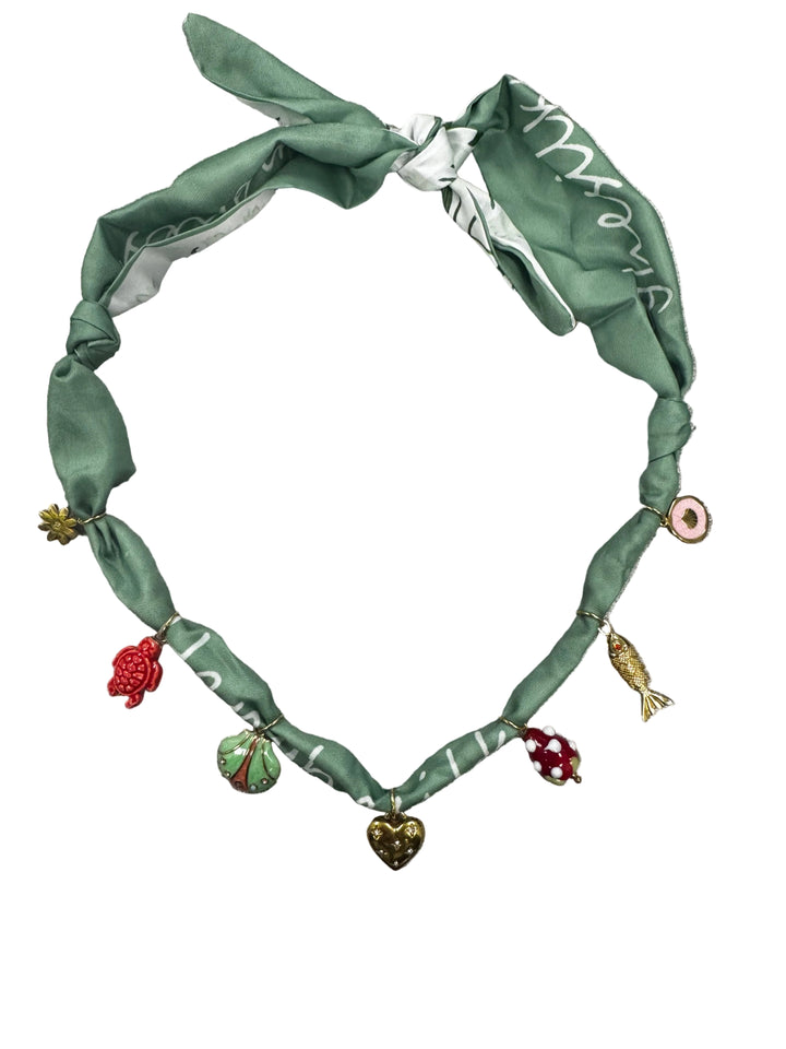 Sage Silk Scarf Necklace with Marine Charms