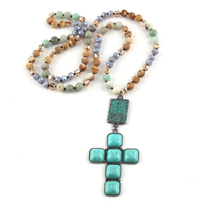 Boho 8MM Beaded Turquoise Cross Necklace
