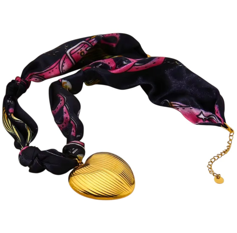 Black & Hot Pink Scarf Necklace with Gold Heart Charm