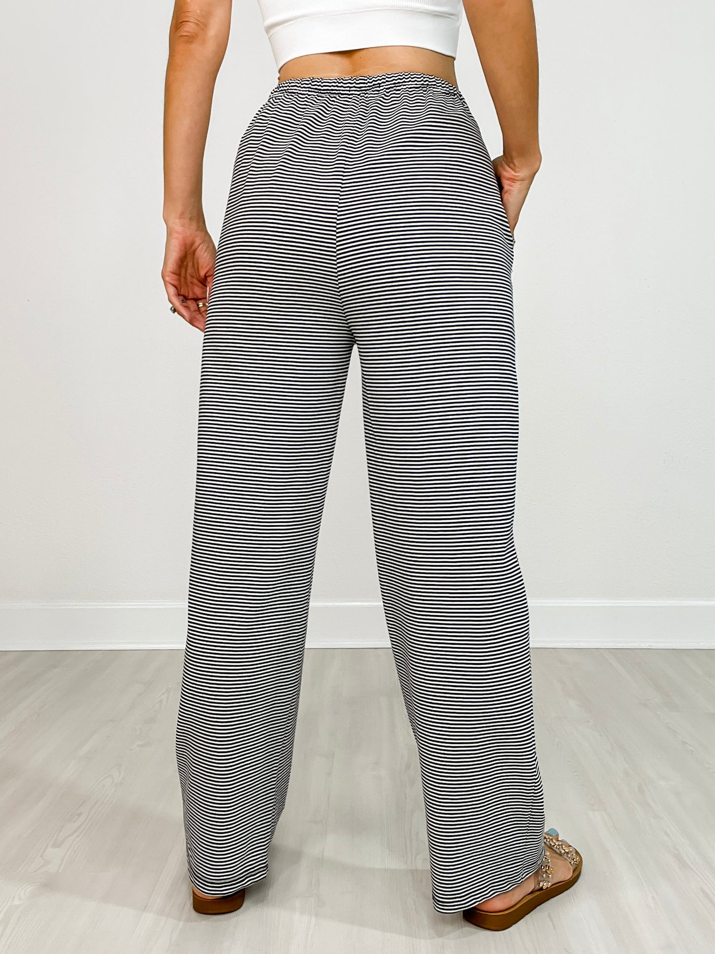Striped Knit Elastic Waist Pants with Pockets