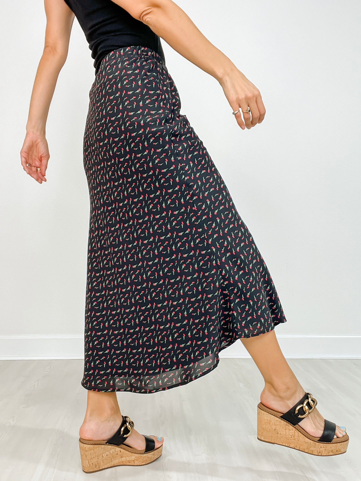 Floral Satin Elastic Waist Midi Skirt