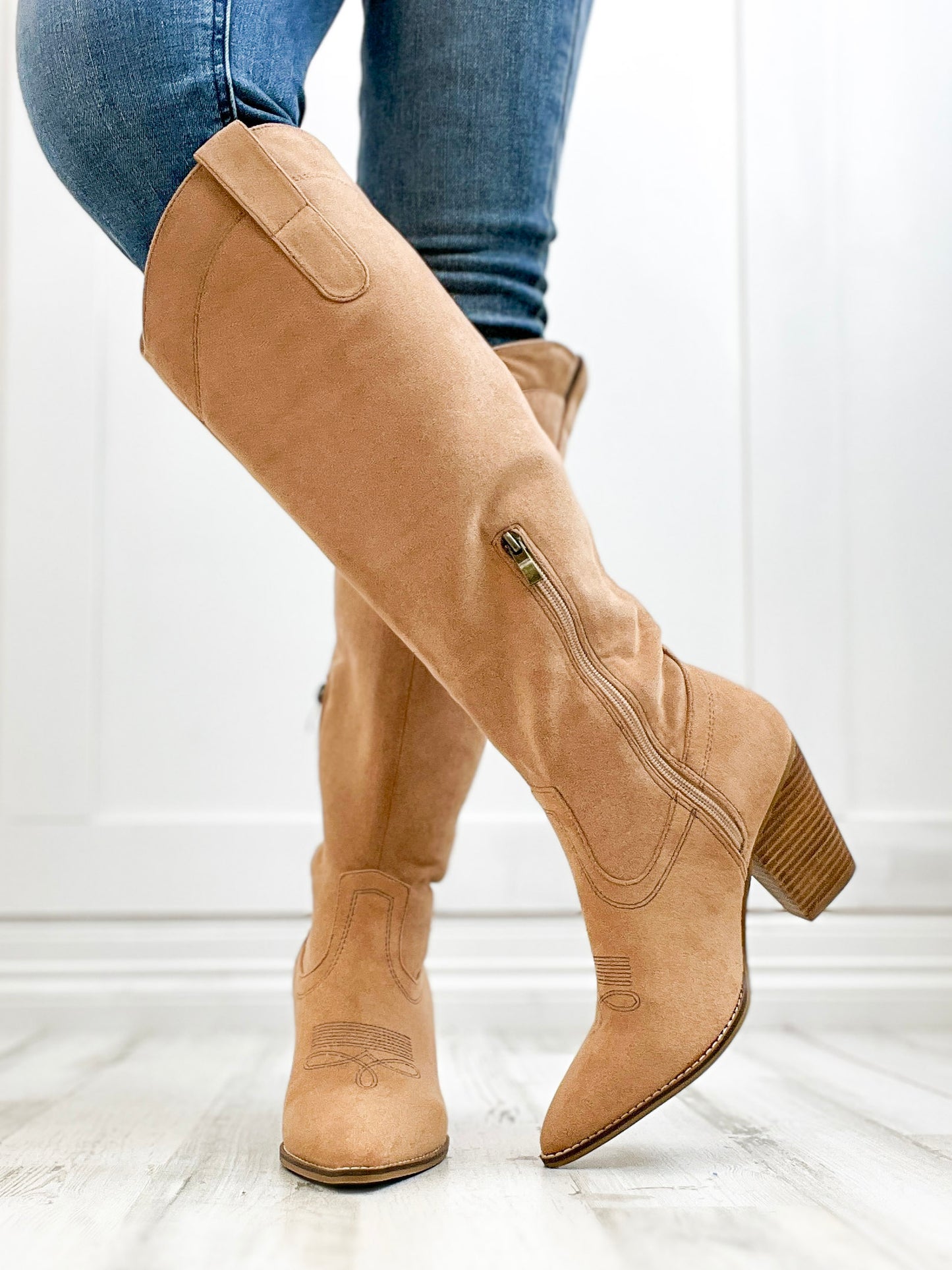 Corkys Unforgetable Boot In Camel Faux Suede