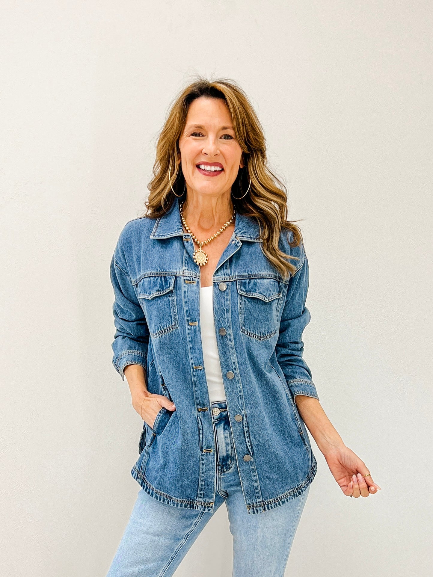 Tencel Shacket with Pockets and Round Hemline