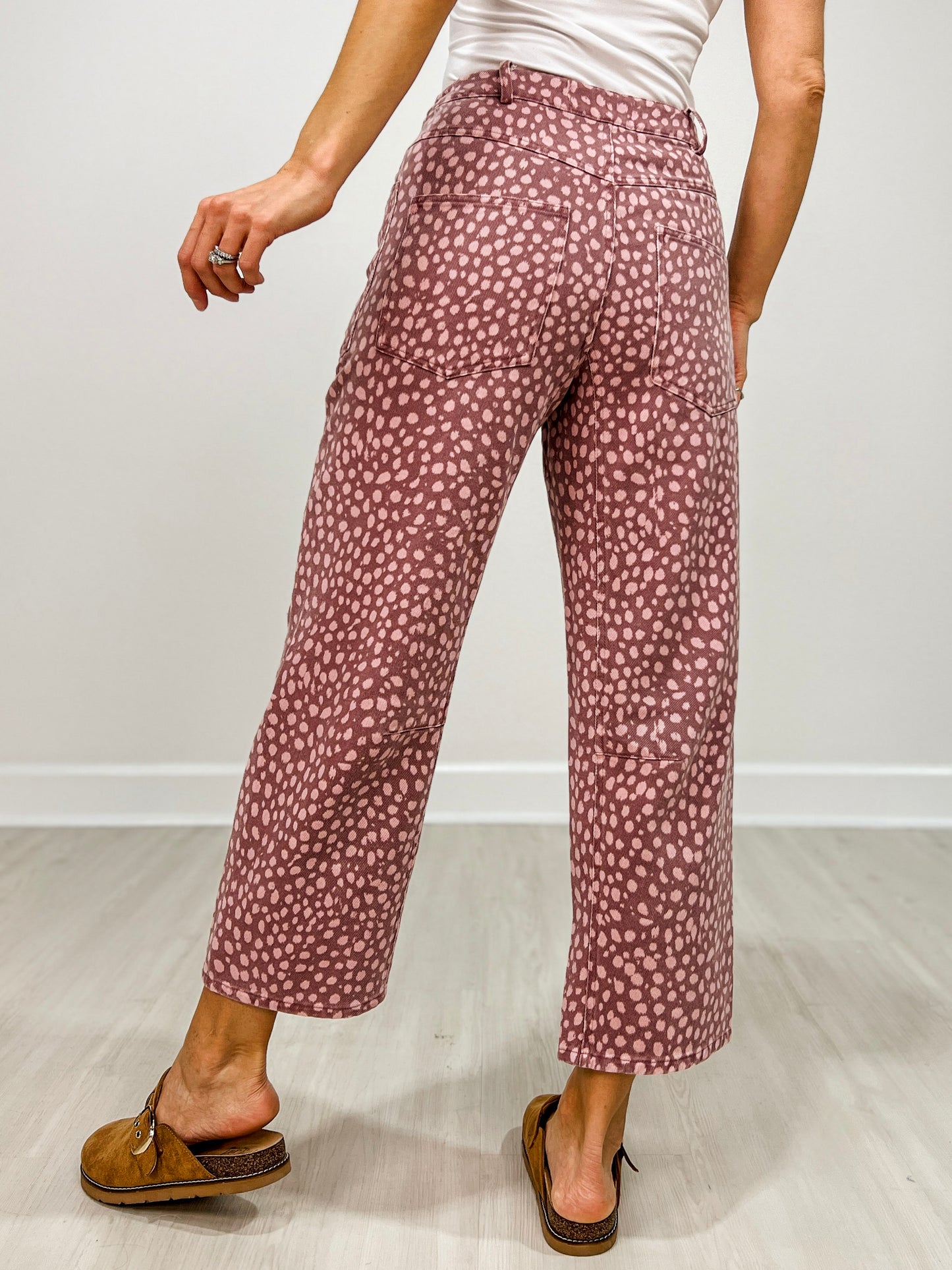 Animal Print Washed Twill Barrel Jeans