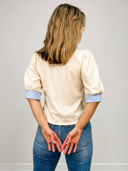 3/4 Solid Knit Top with Striped Contrast Top