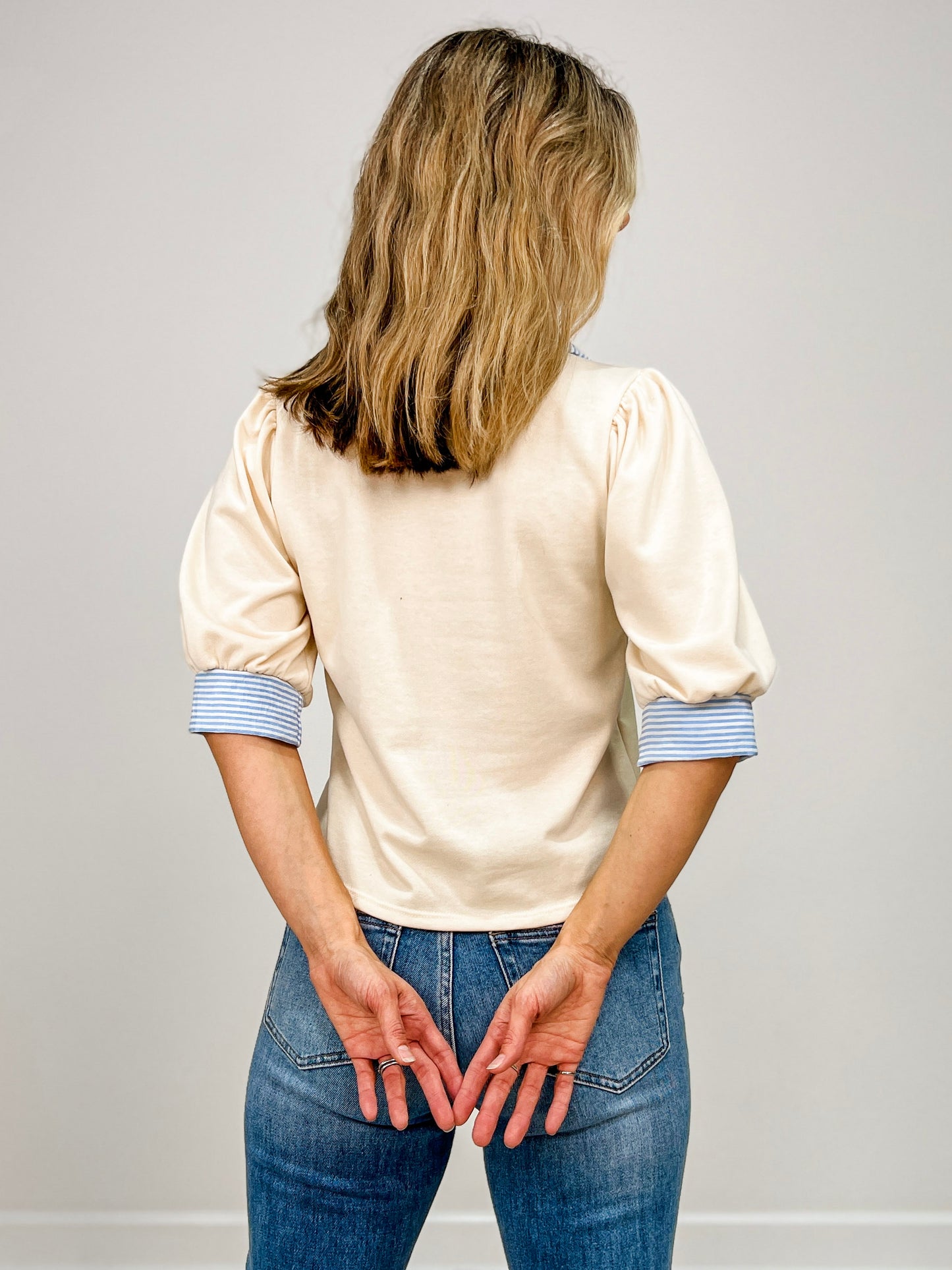 3/4 Solid Knit Top with Striped Contrast Top