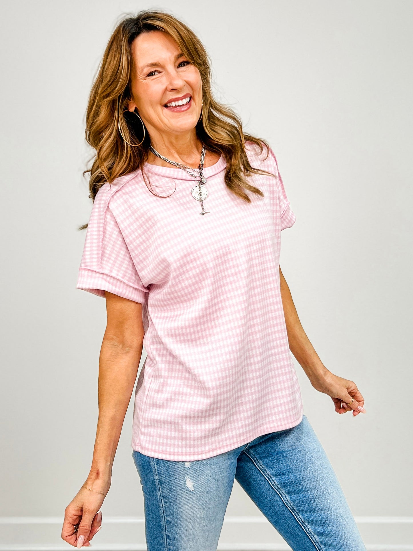 Gingham Print Short Sleeve Top with Round Neckline
