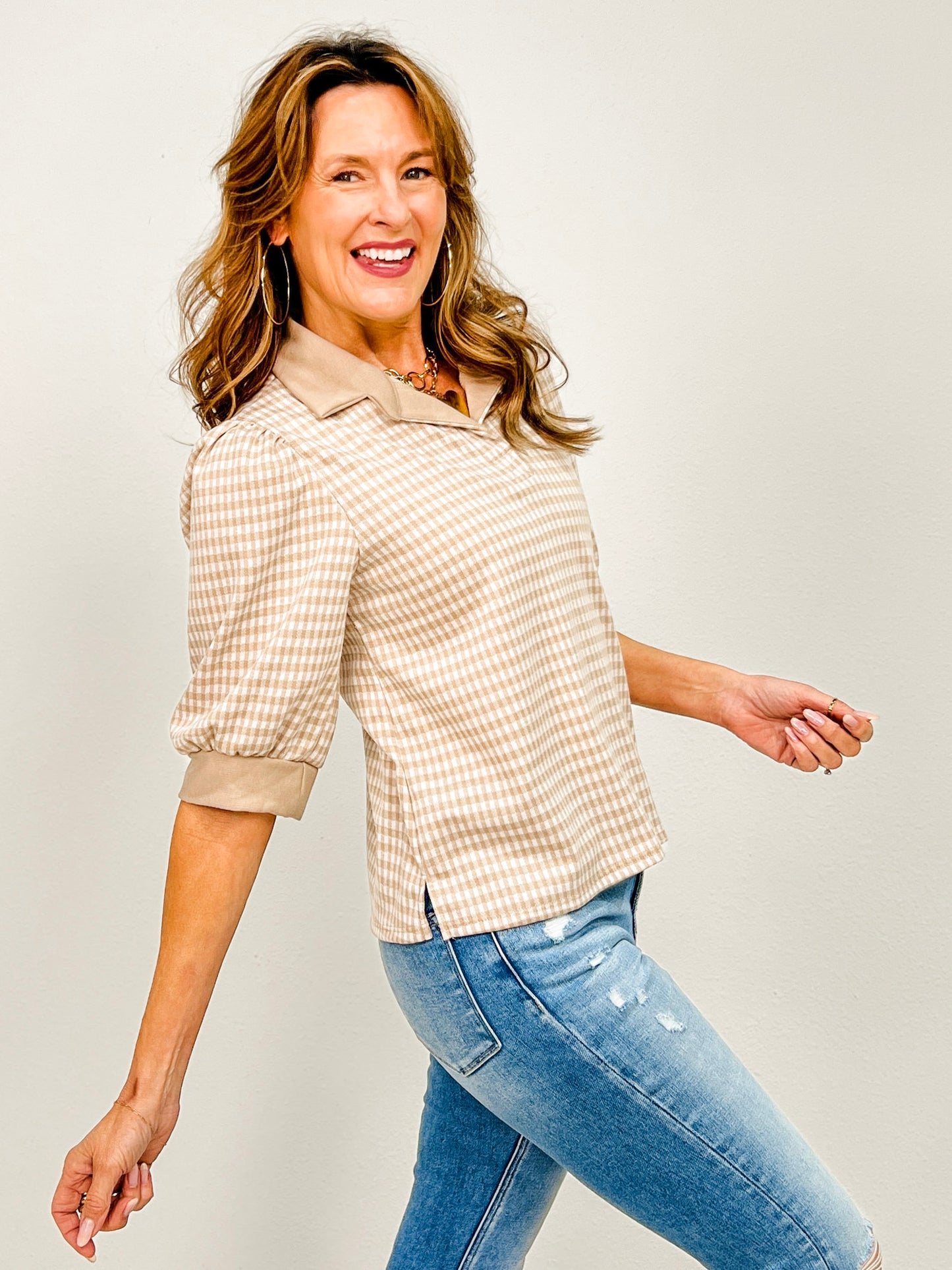 Gingham Top with Solid Accent Collar
