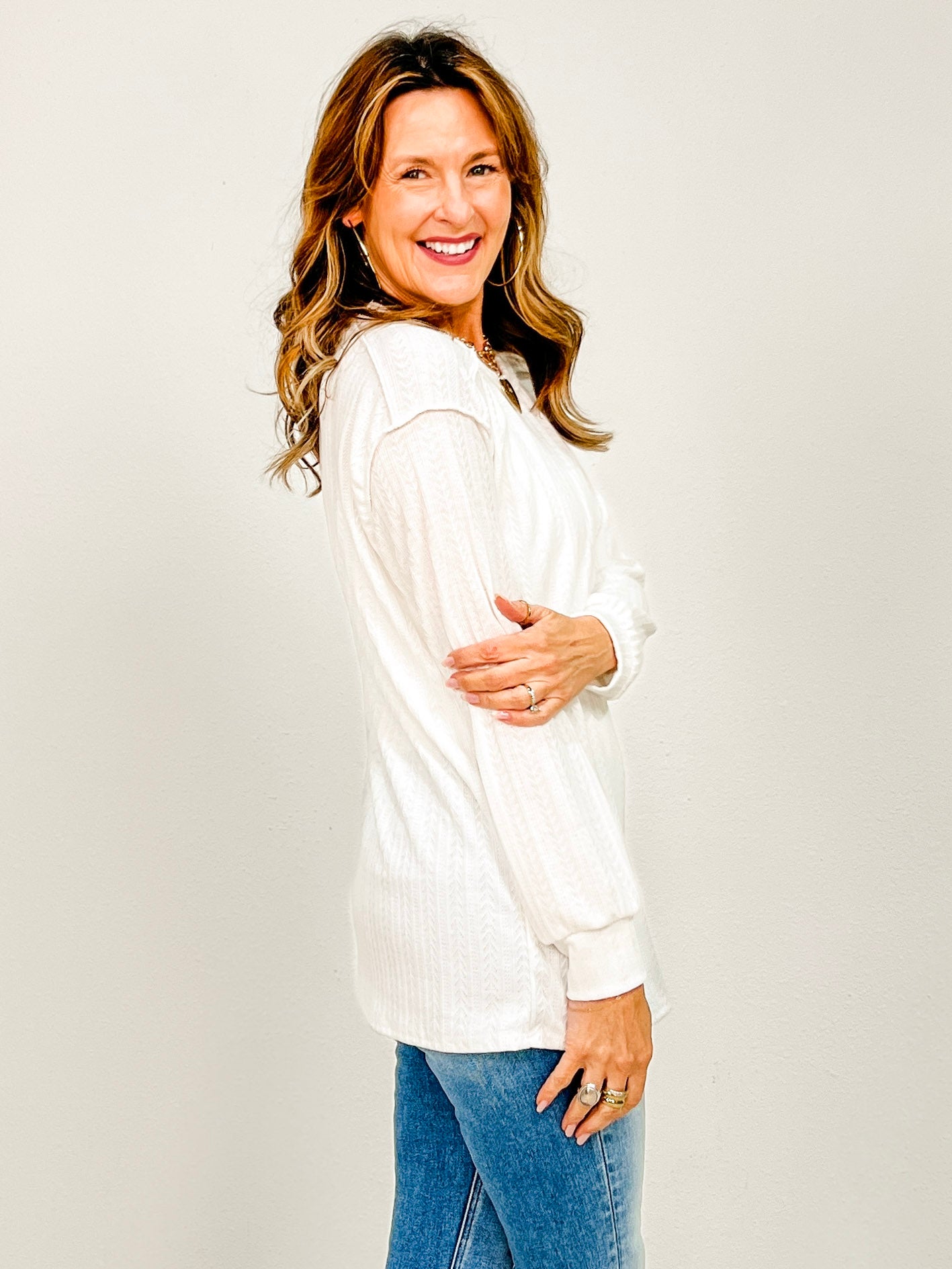 Long Sleeve Textured Knit Top with Round Neckline