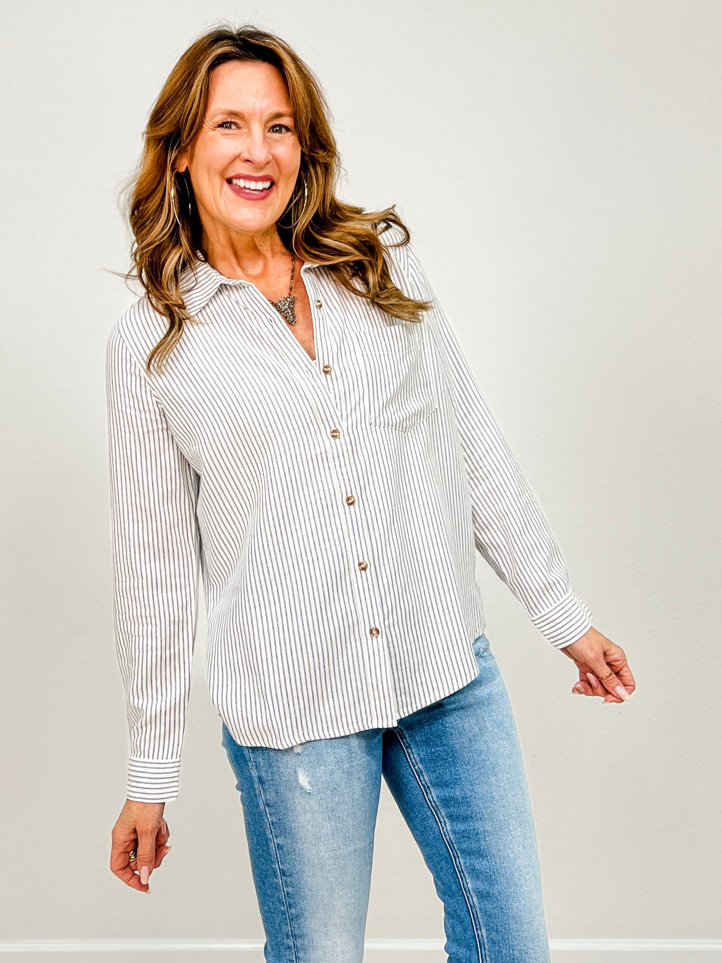 Pinstripe Cotton Long Sleeve Button Up Shirt