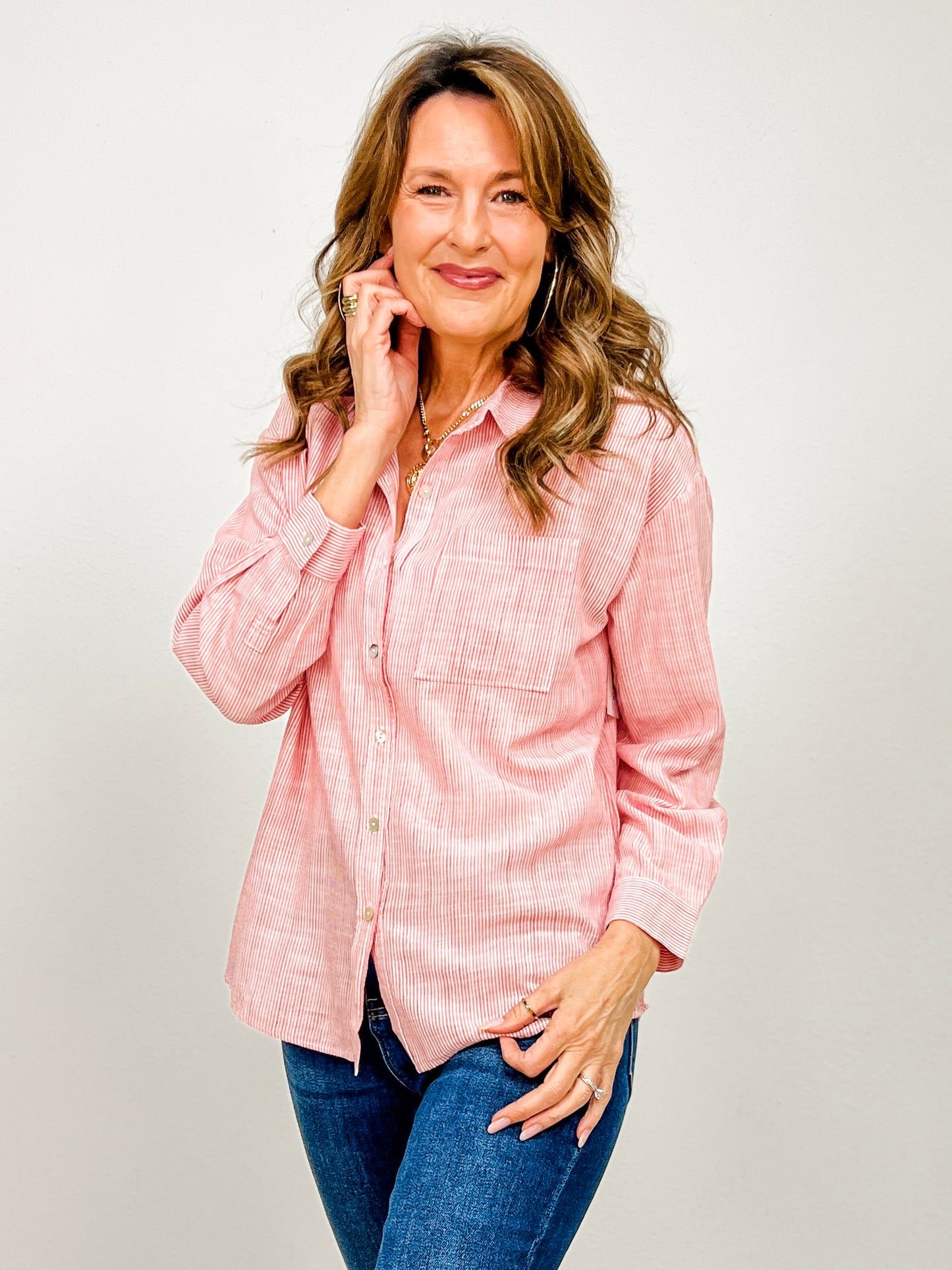 Long Sleeve Collared Pinstripe Button Down Top