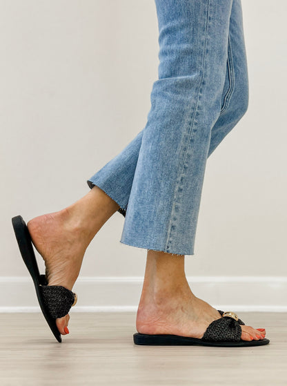 Pierre Dumas Pick Woven Gold Accent Slide Sandals in Black