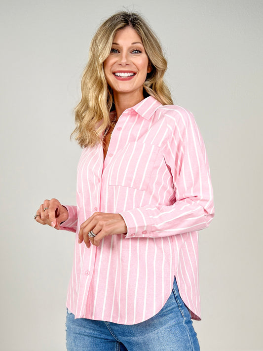 Long Sleeve Striped Button Up Top with Collar