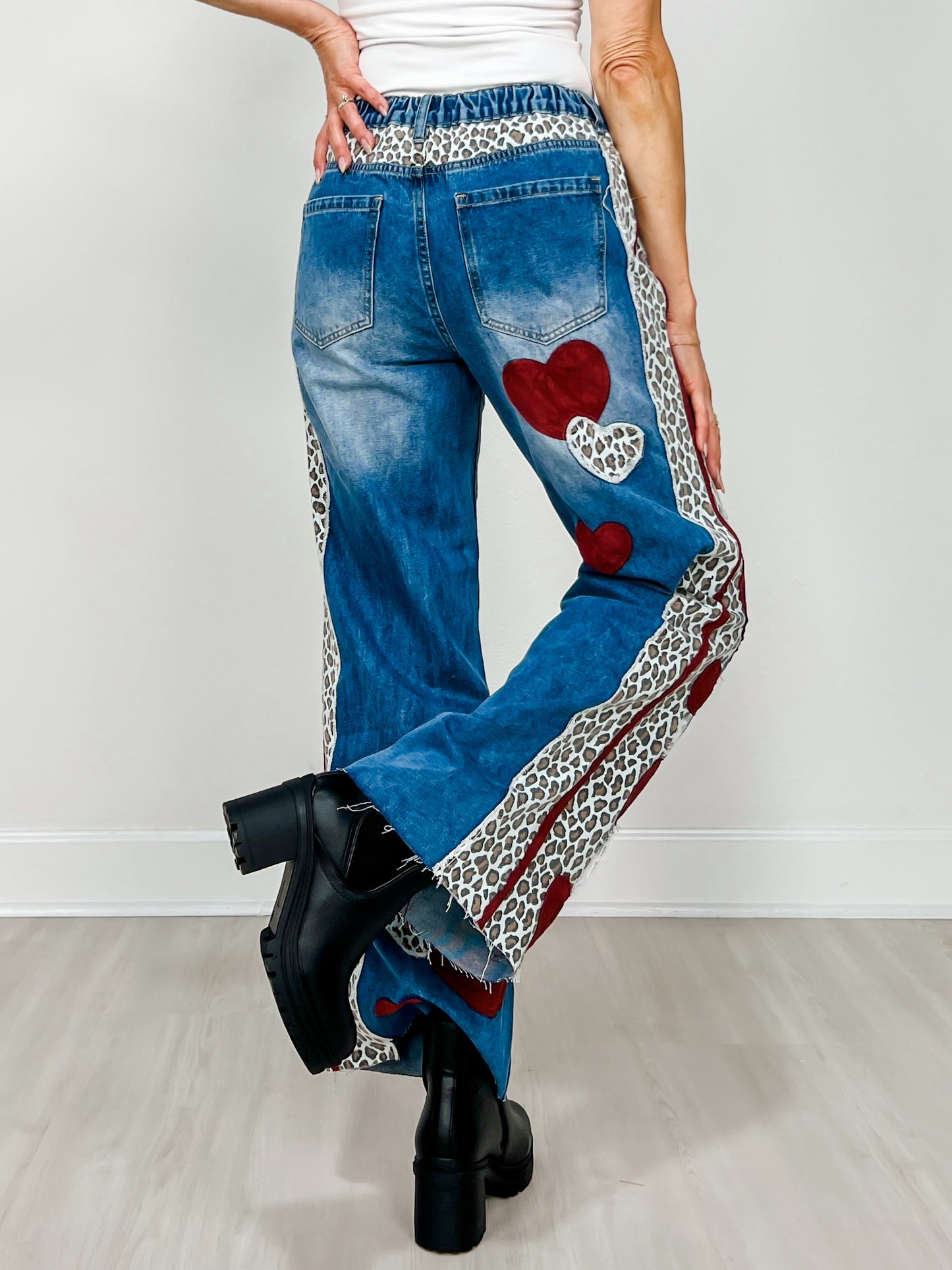 Washed Heart and Leopard Mix Straight Jeans