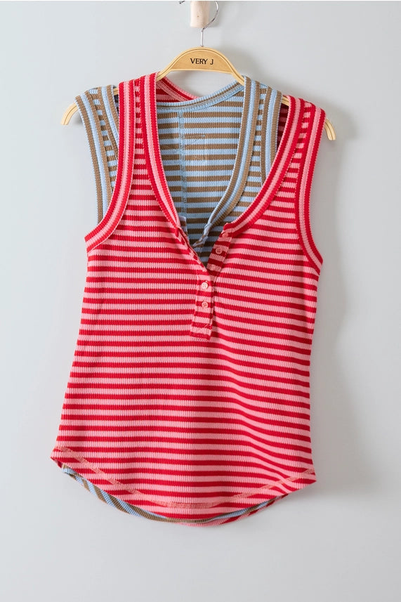 Striped Button Down Fitted Knit Tank Top