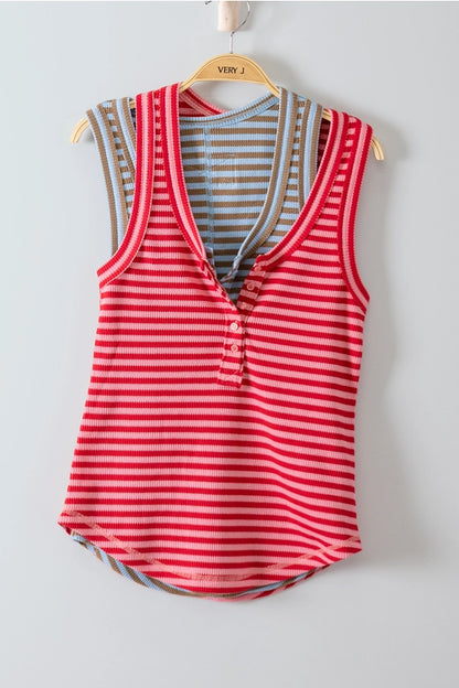Striped Button Down Fitted Knit Tank Top