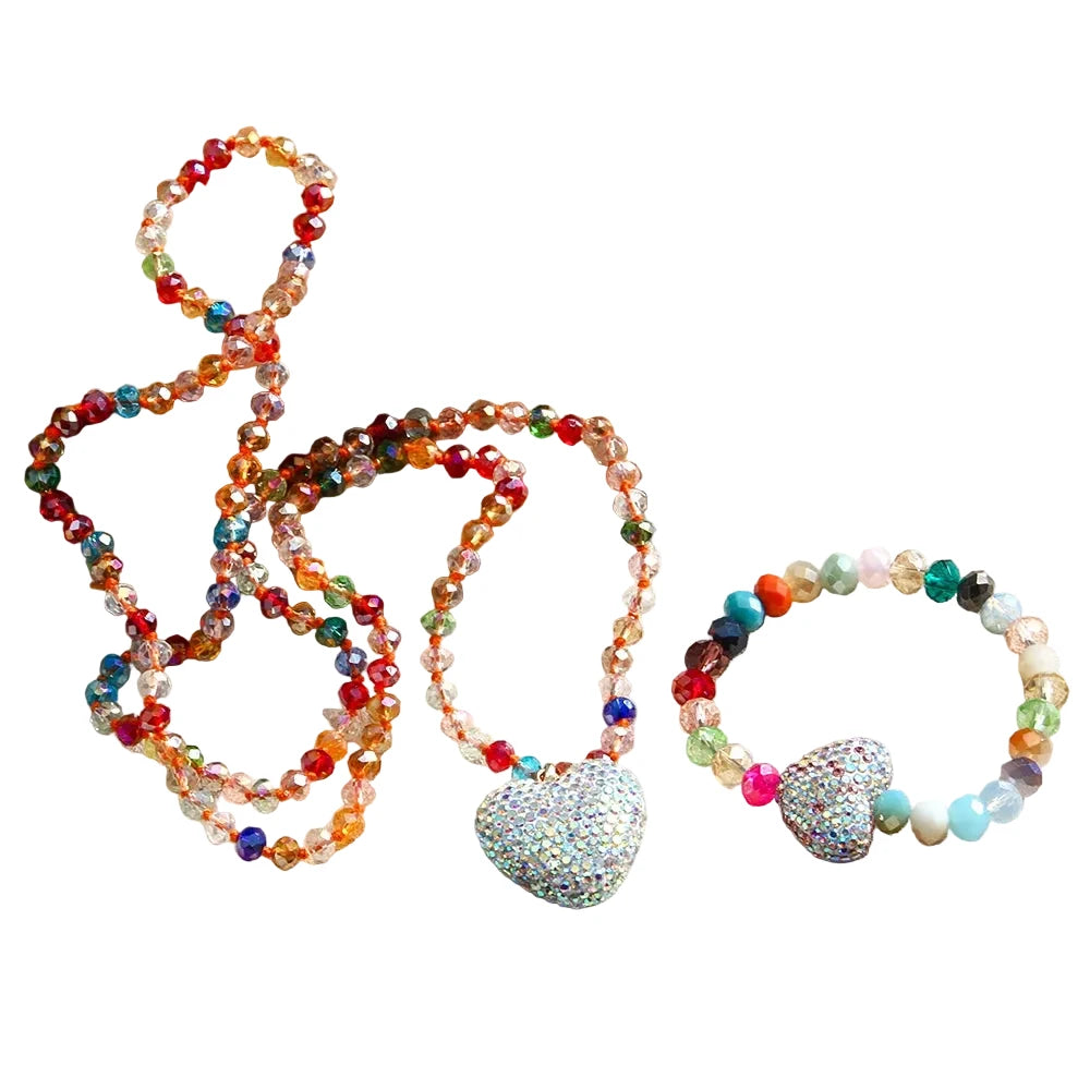Rhinestone Heart Beaded Necklace and Bracelet Set