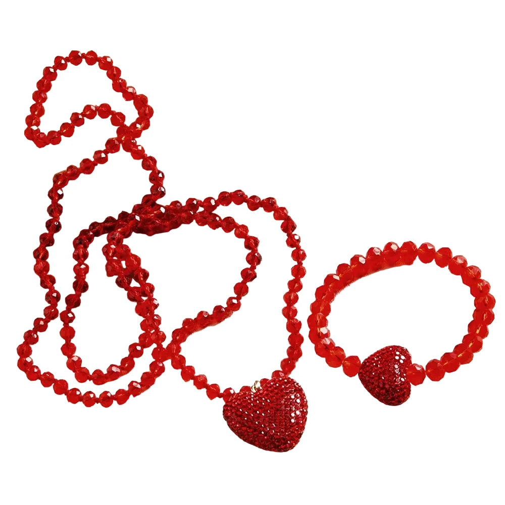 Rhinestone Heart Beaded Necklace and Bracelet Set