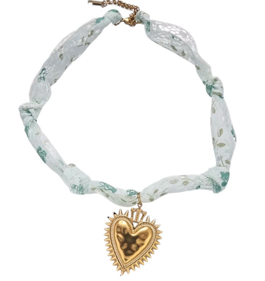 Silk Necklace Light Green with Heart Crown Charm