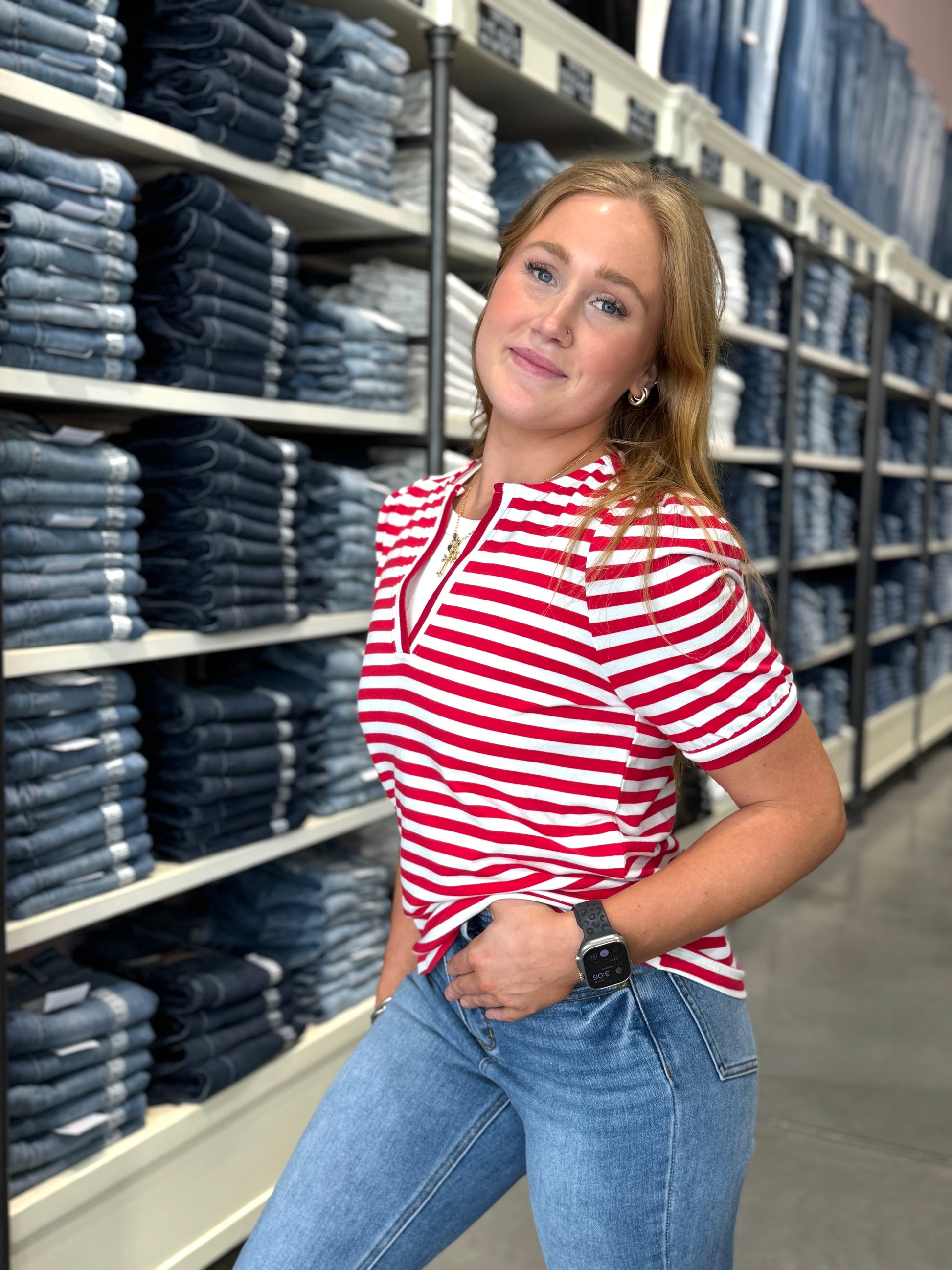 Split Neck Short Sleeve Striped Top