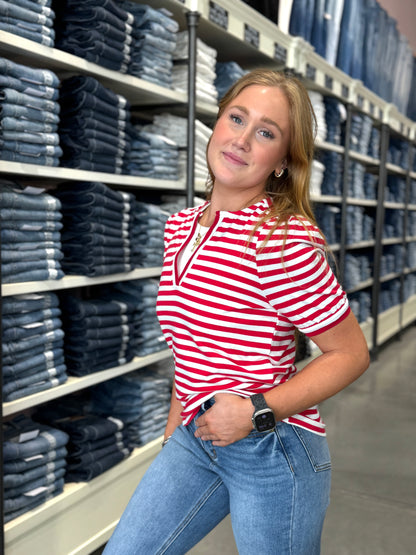 Split Neck Short Sleeve Striped Top