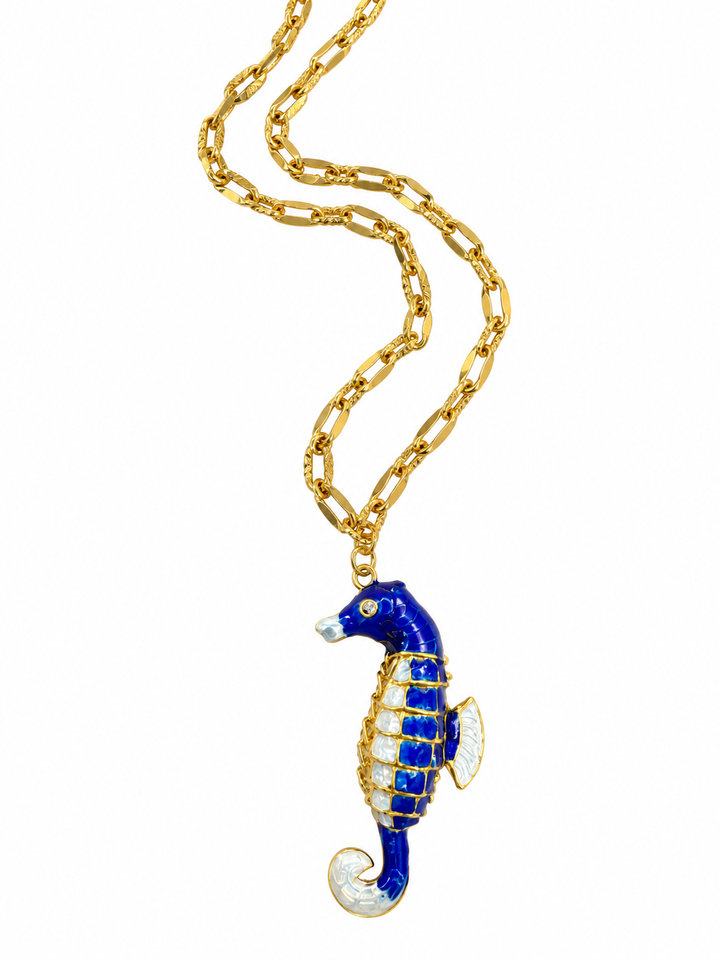 Vintage Chain Enamel Articulated Seahorse Necklace in Blue
