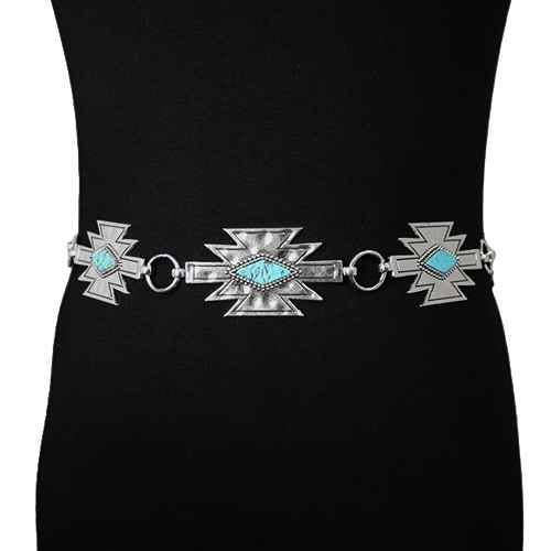 TEXTURED METAL TURQUOISE STONE CONCHO WESTERN BELT