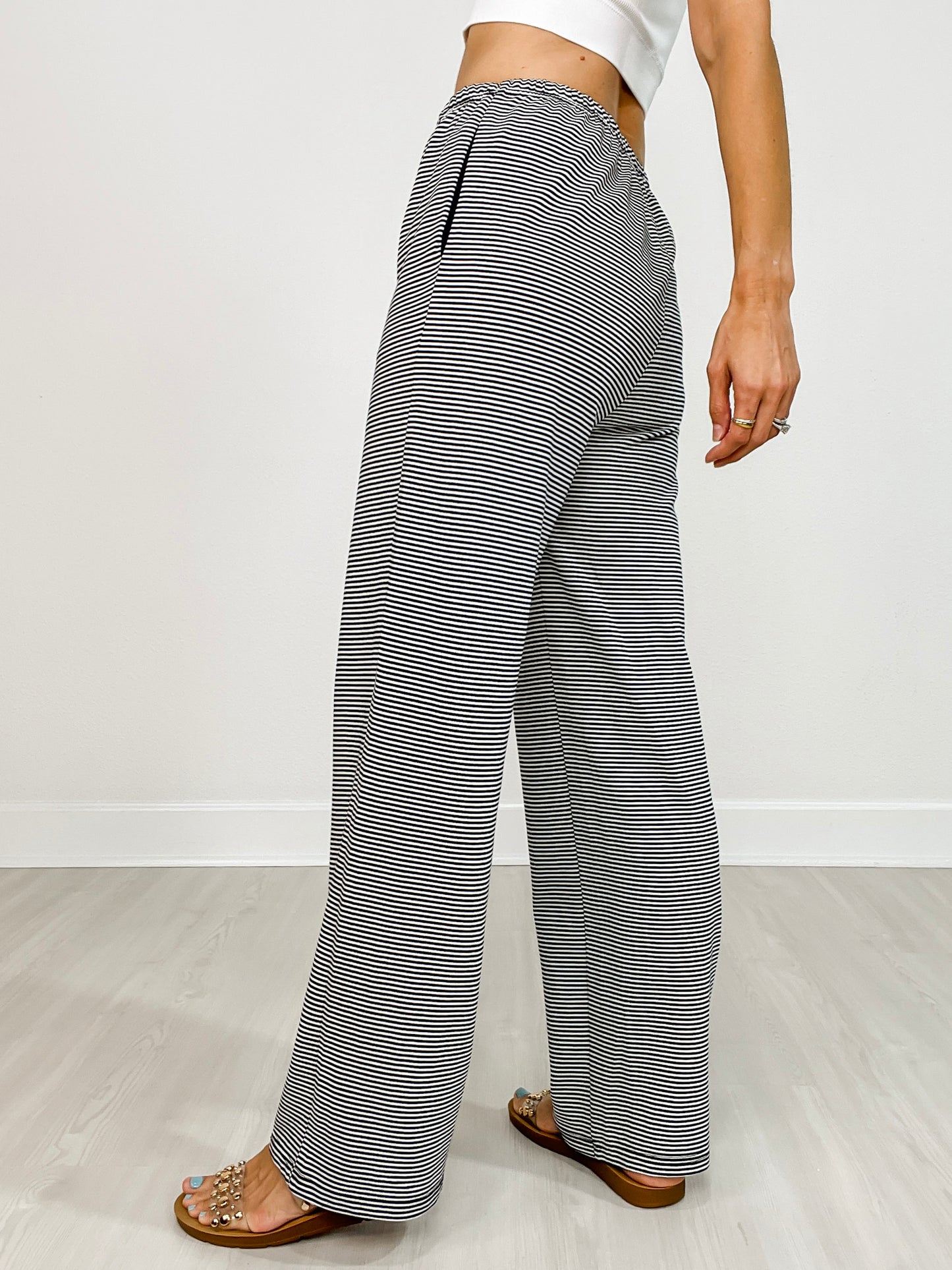 Striped Knit Elastic Waist Pants with Pockets