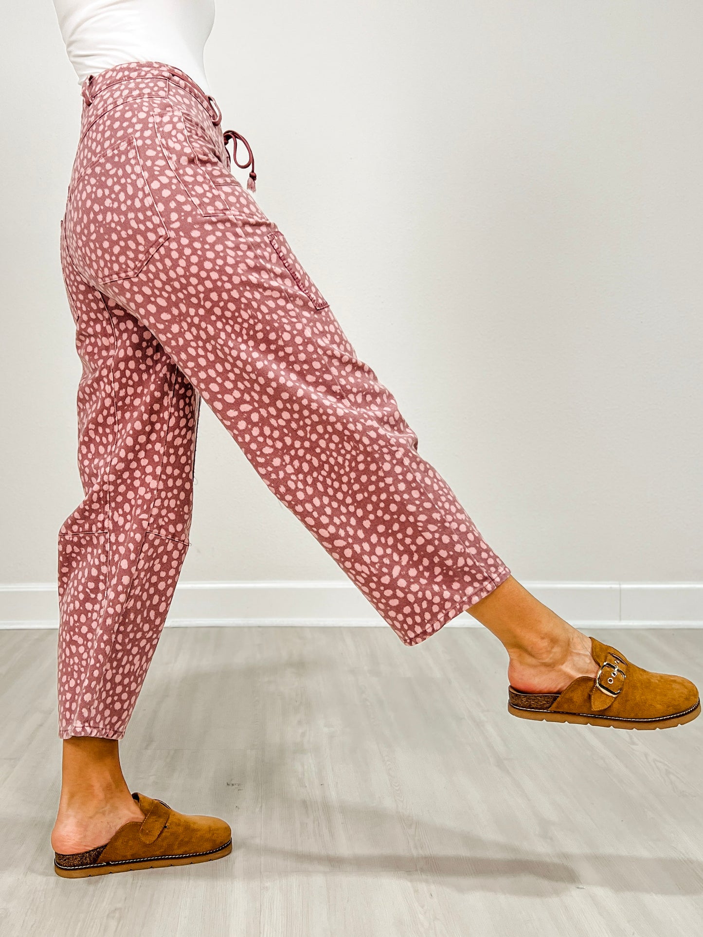 Animal Print Washed Twill Barrel Jeans