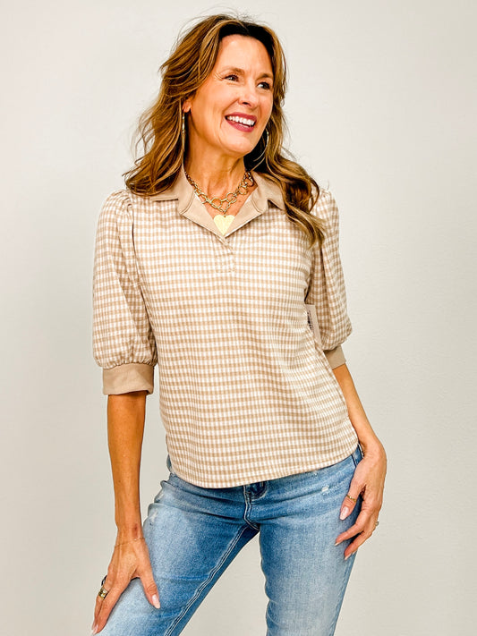 Gingham Top with Solid Accent Collar