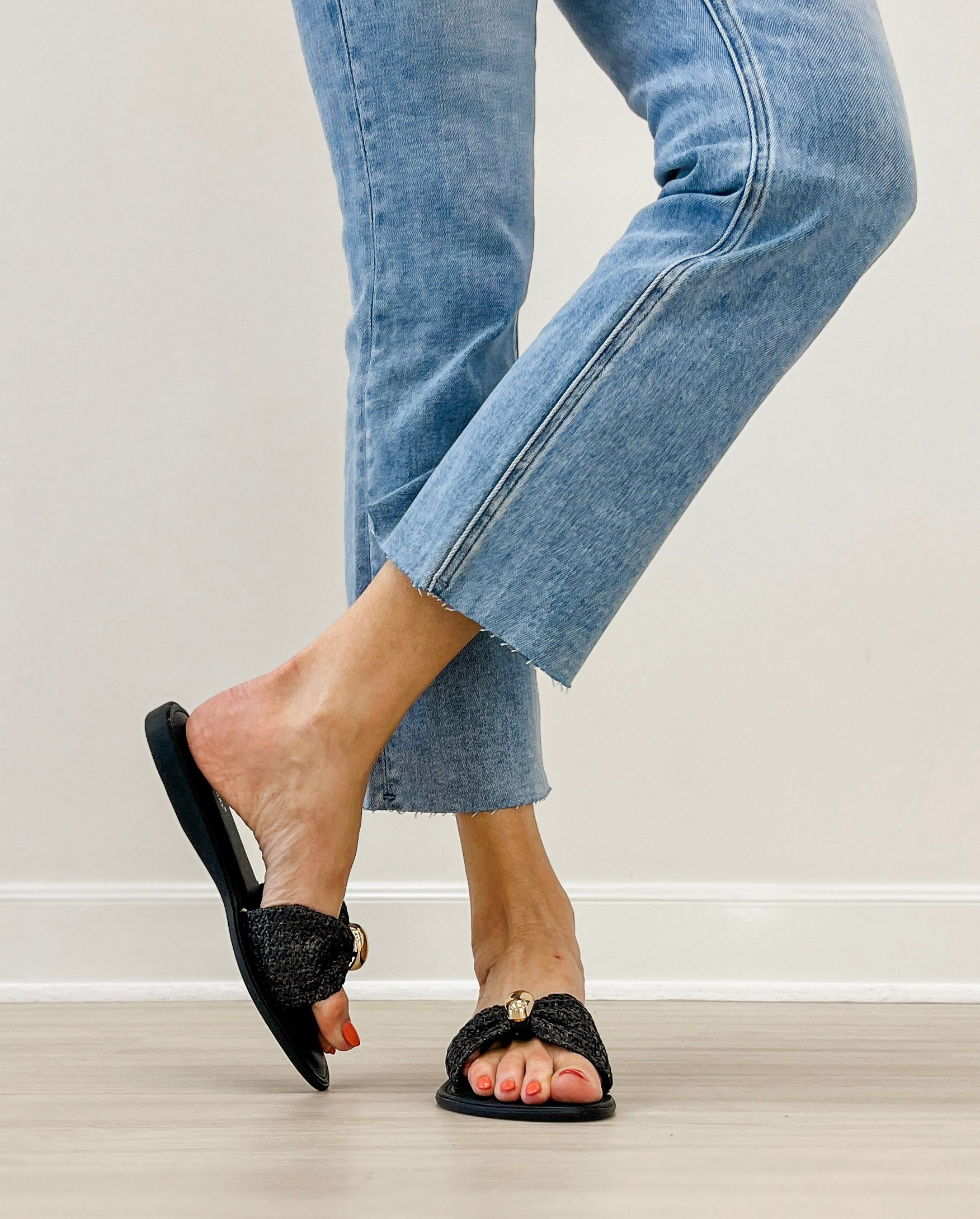 Pierre Dumas Pick Woven Gold Accent Slide Sandals in Black