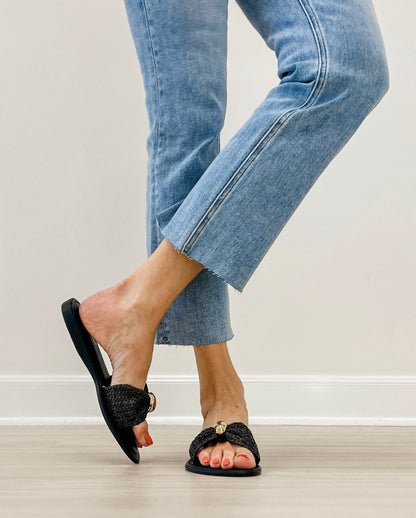 Pierre Dumas Pick Woven Gold Accent Slide Sandals in Black