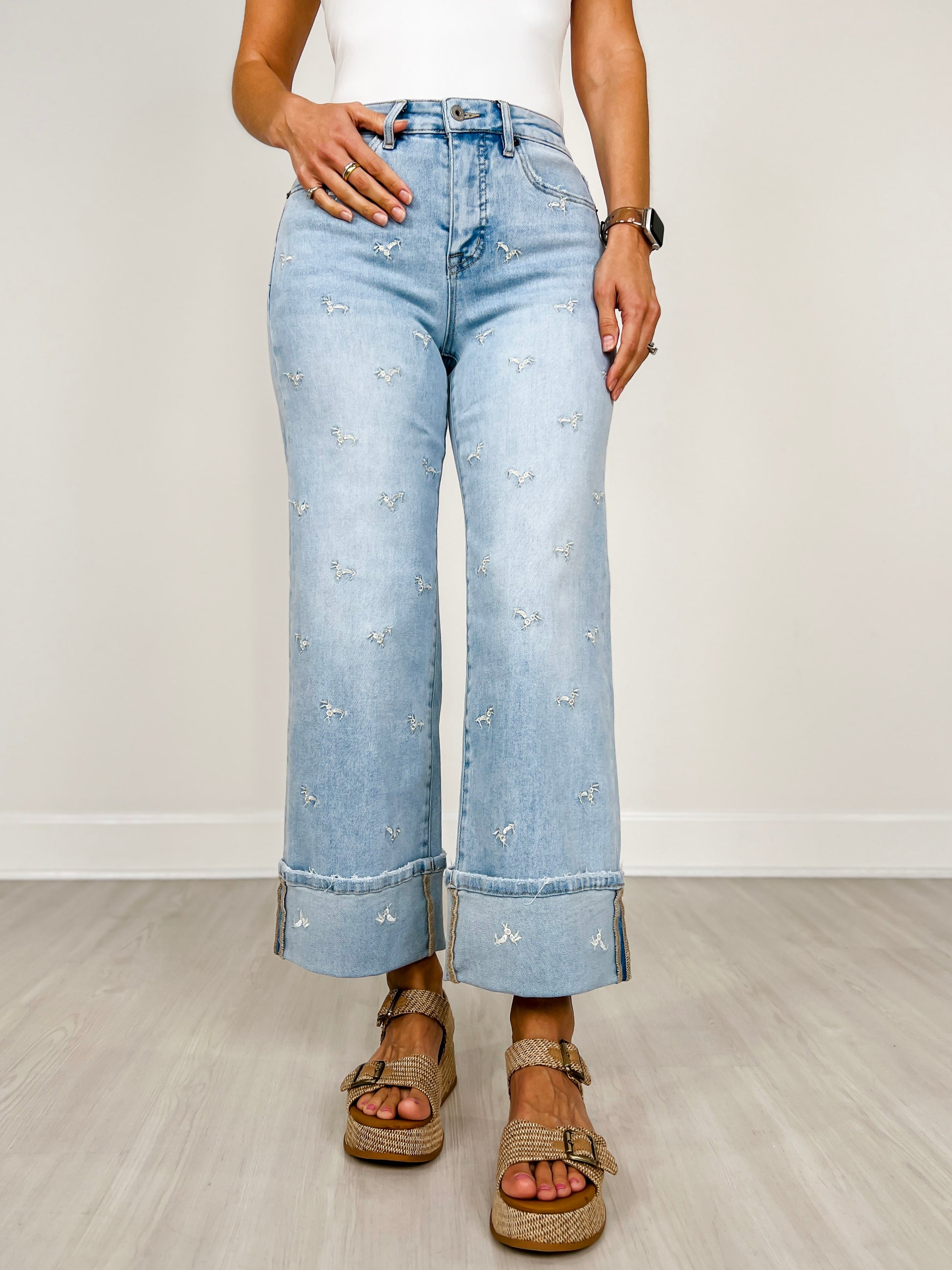 MICA Denim High Rise Wide Leg Tummy Tuck Embroidered Jeans