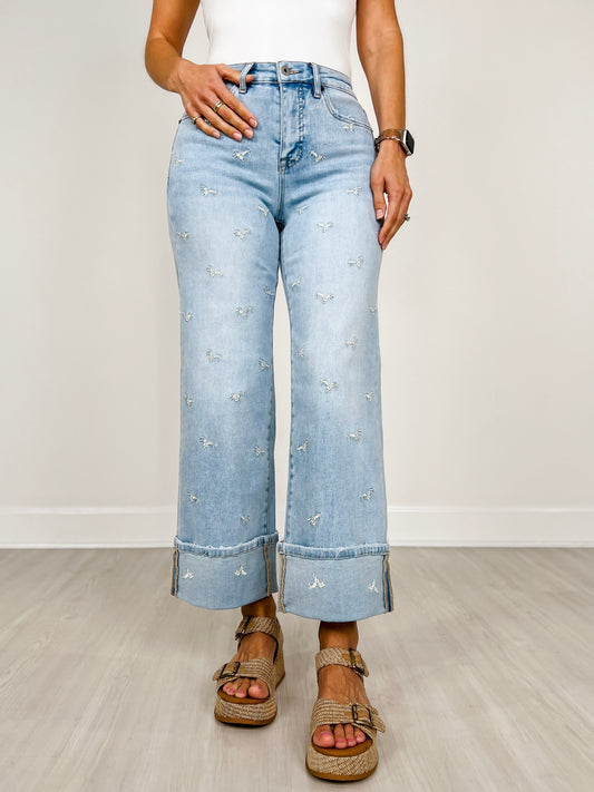 MICA Denim High Rise Wide Leg Tummy Tuck Embroidered Jeans