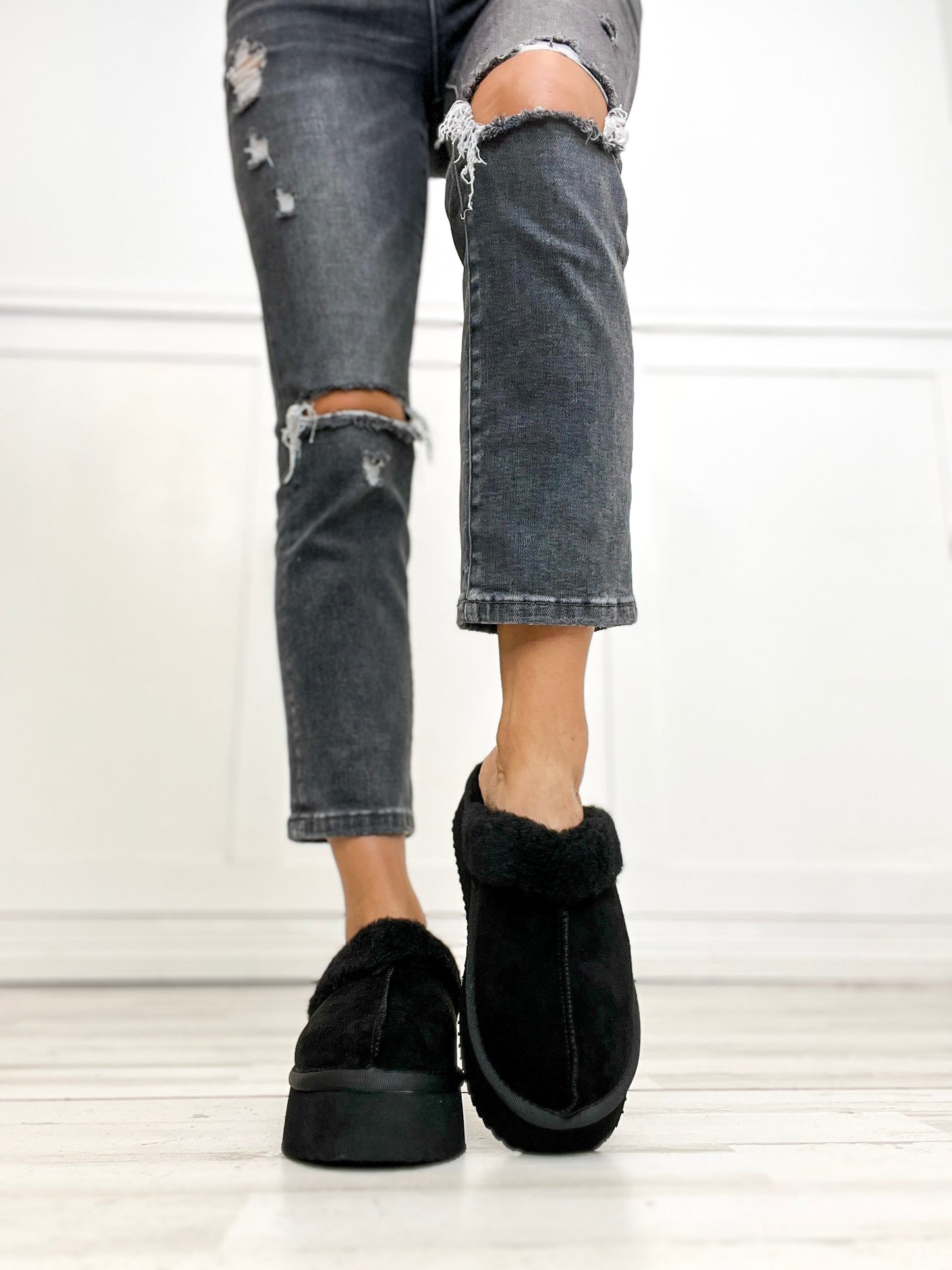 Corkys Cuddle Up Slipper Shoes in Black Faux Suede