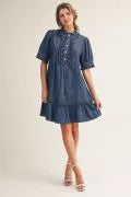 Short Sleeve Denim Dress With Ruffle Detail
