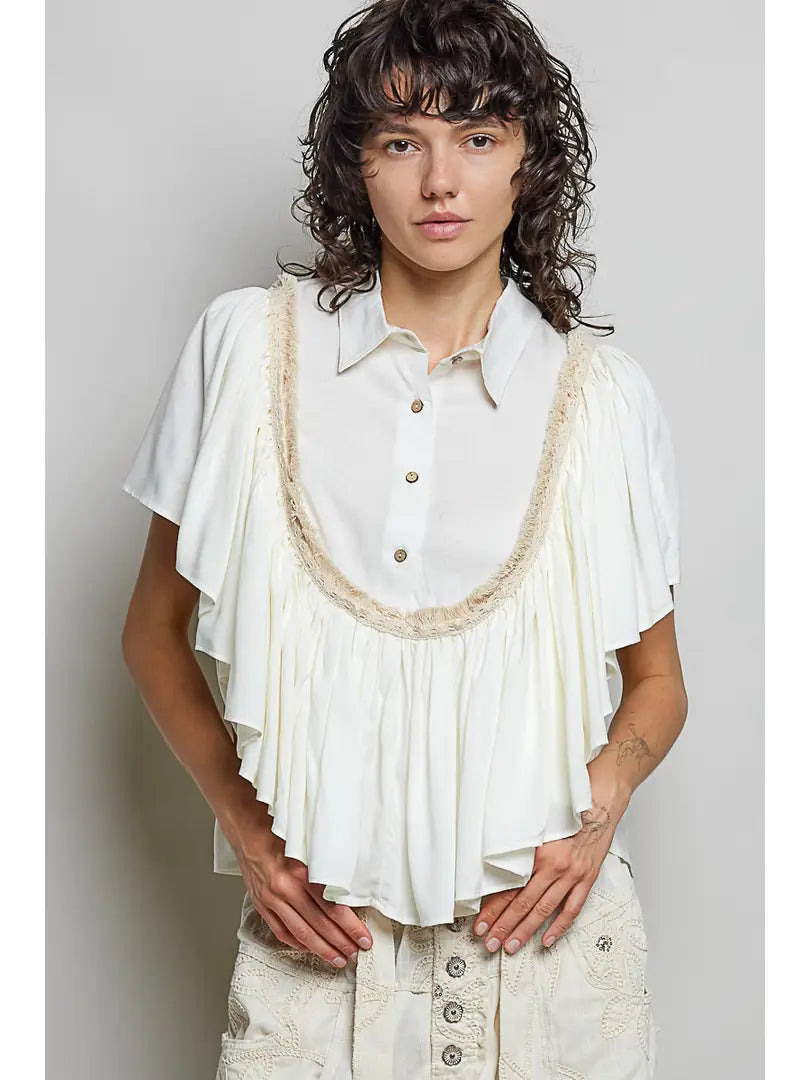 Romantic Ruffle Trim Gathered Panels Woven Blouse Top