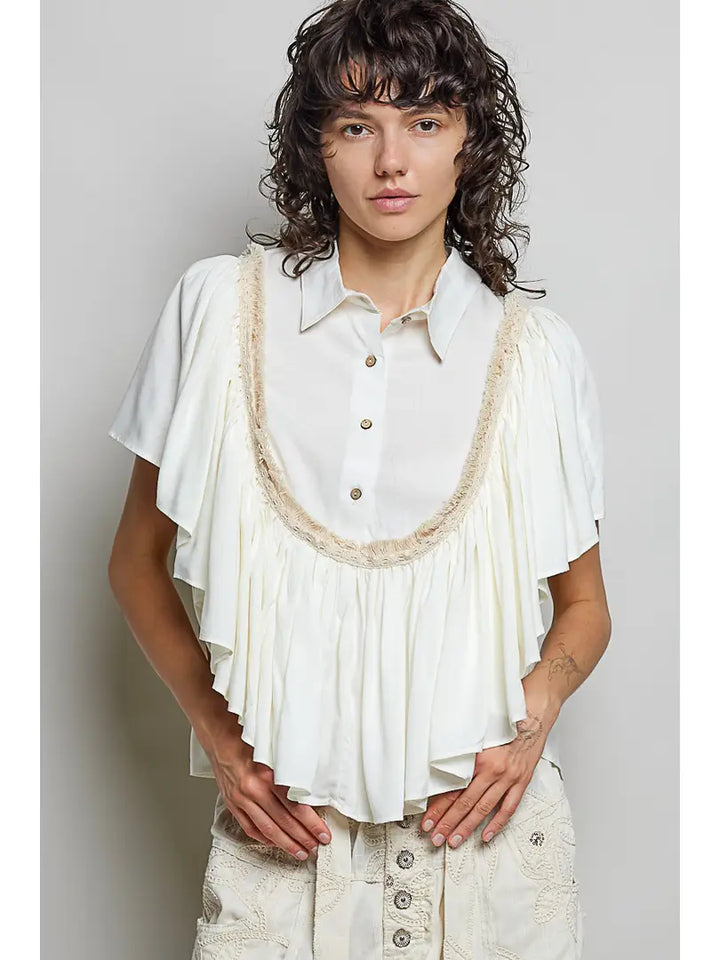 Romantic Ruffle Trim Gathered Panels Woven Blouse Top