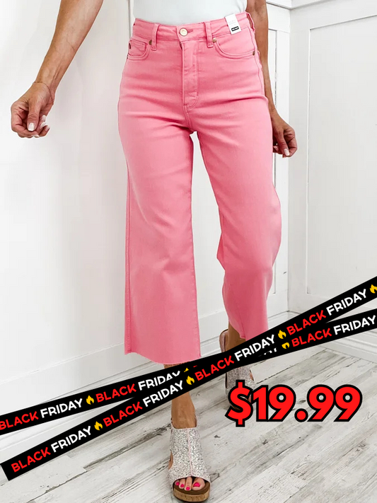 Judy Blue SHELBY Hi-Rise Tummy Control PINK Wide Leg Cropped Jeans