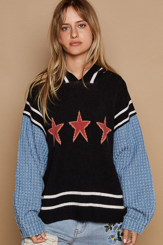 Oversize balloon sleeve star solid sweater