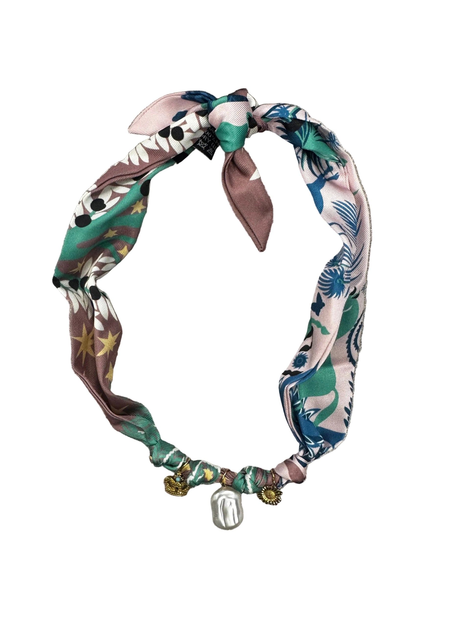 Boho Silk Scarf Necklace with Pearl and Gold Charm