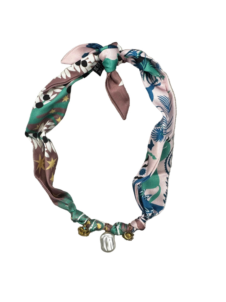 Boho Silk Scarf Necklace with Pearl and Gold Charm