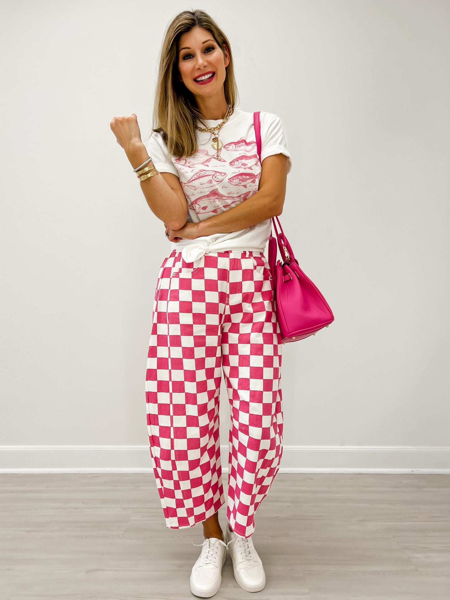 Custom Pink Check Finish Line Mini Barrel Pants!